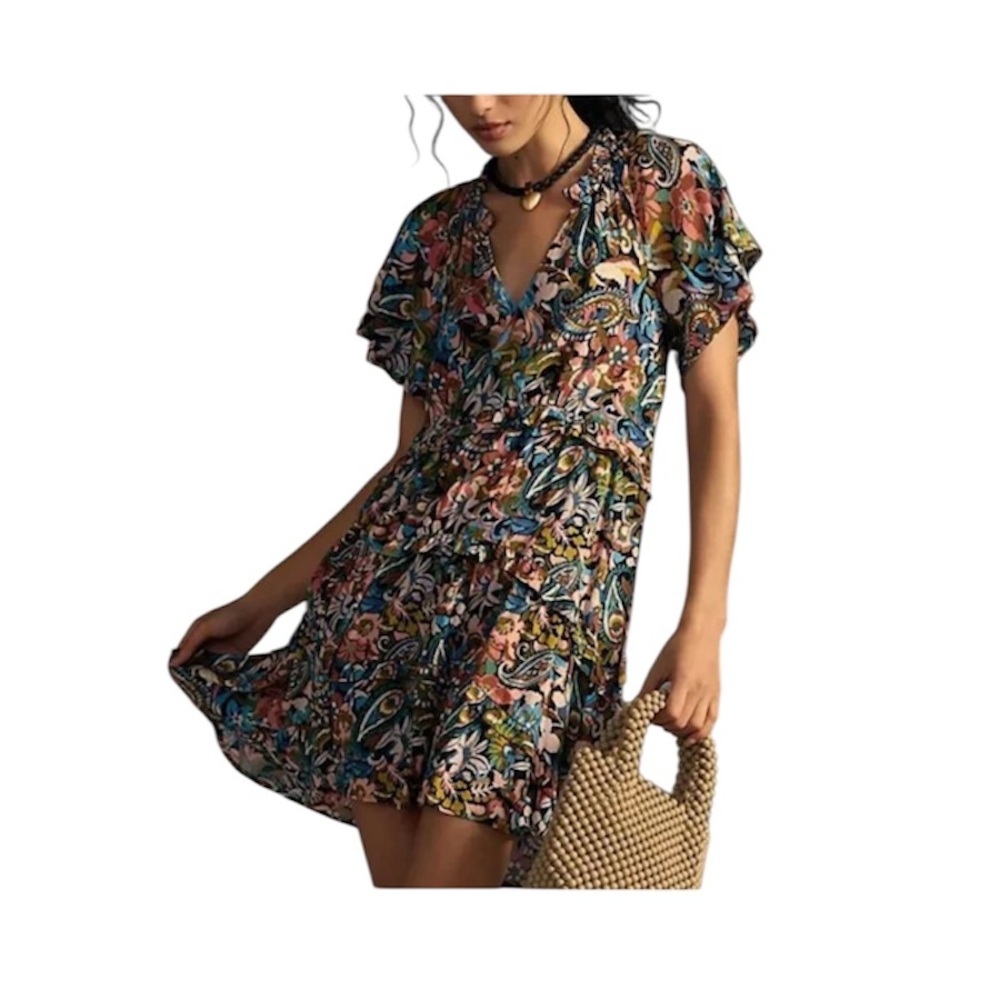 By Anthropologie Robin Tiered Mini Dress Multi Color Ruffle Paisley Boho XXSP